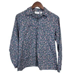 Liz Claiborne Lizwear Jeans Vintage Floral Button Down Shirt Navy Petite Medium